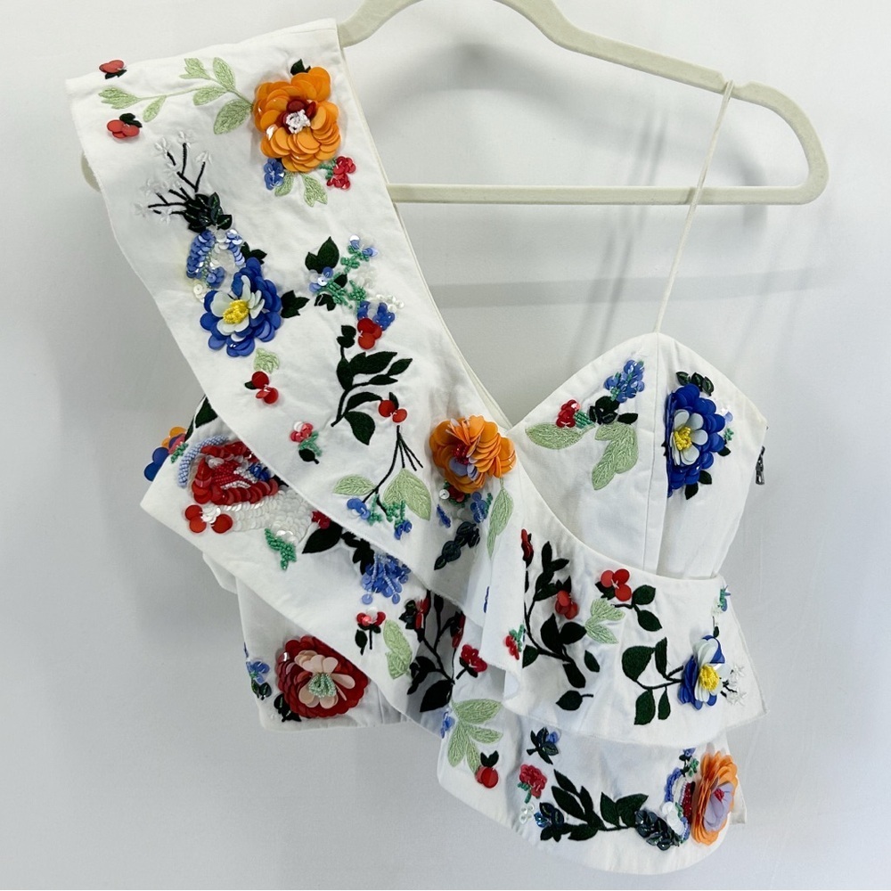 Alice & Olivia White Saba Floral Embellished One Shoulder Corset Crop Top Size 0